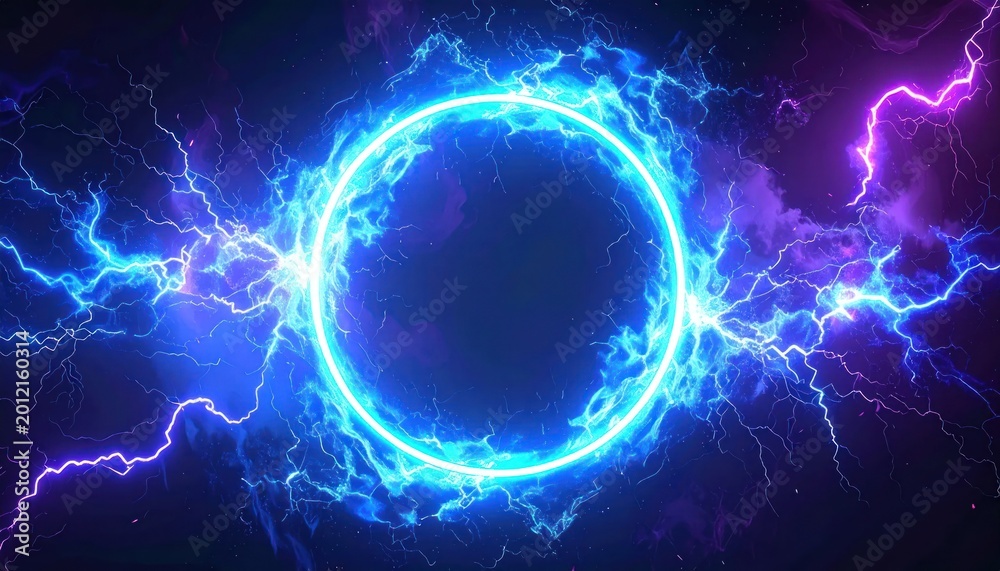 Naklejka premium A luminous blue ring of energy bursts with surrounding electric discharges against a smoky backdrop