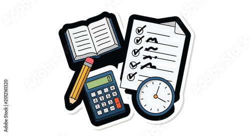 Calculator clock book pencil checklist.