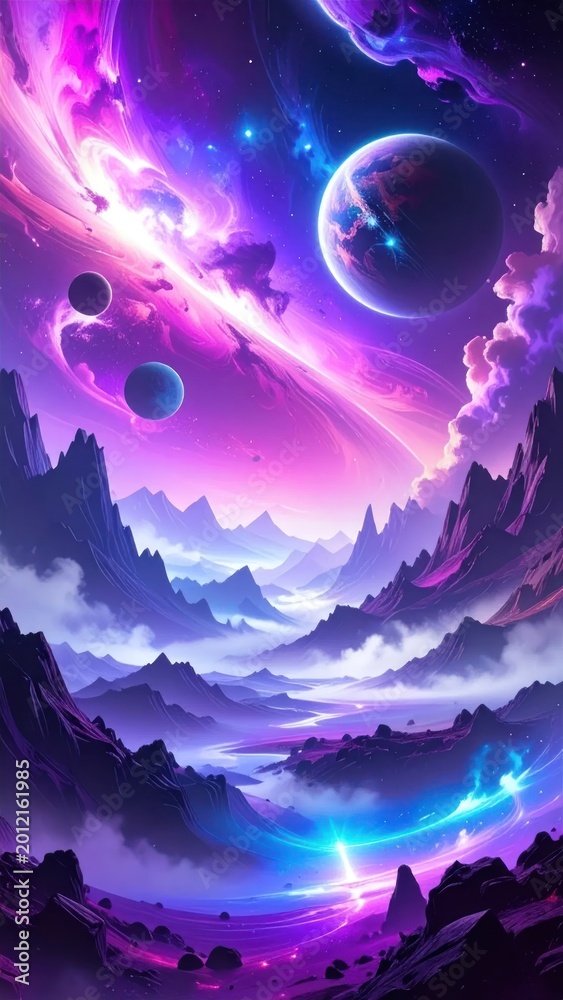Obraz premium A vibrant cosmic landscape with mountains, planets, nebulae, and glowing light
