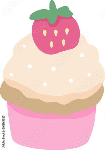 Cute Strawberry Cupcake Illustration in Pastel Kawaii Style