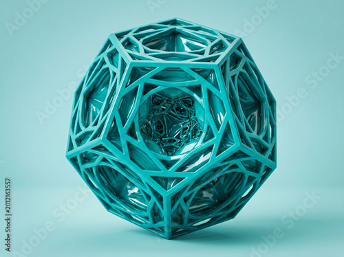 Teal Blue Dodecahedron 3D Geometric Shape with Intricate Voronoi Mesh Design