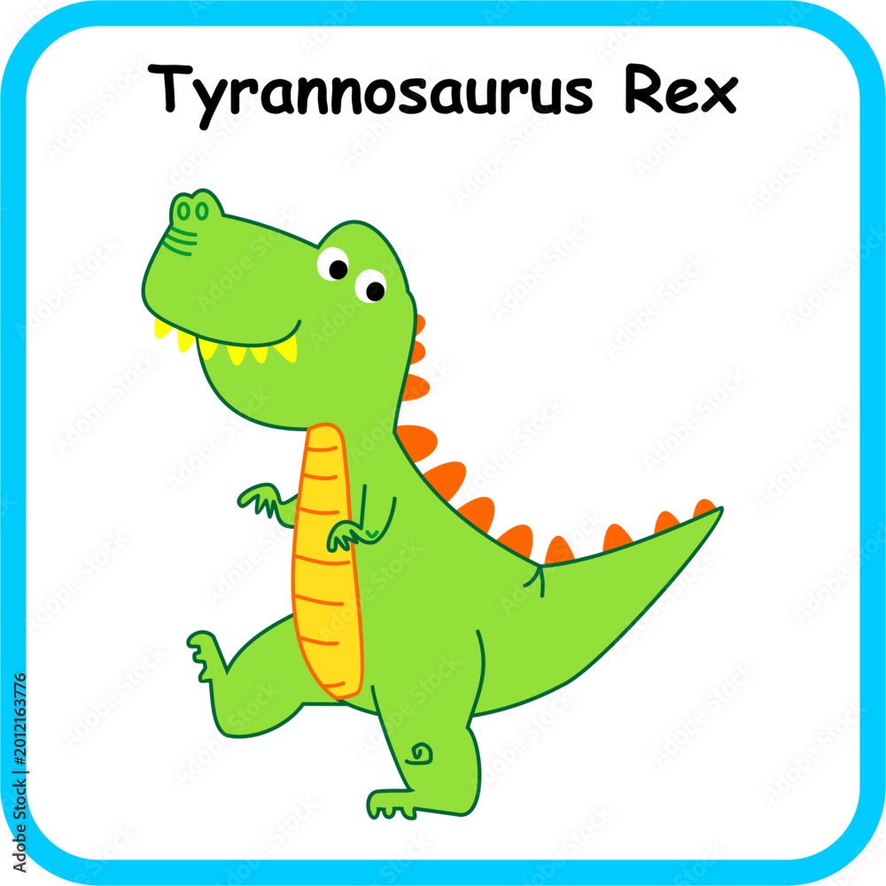 Fototapeta premium Cute colorful Tyrannosaurus Rex cartoon illustration for kids. Fun dinosaur character for preschool learning, educational activities, and children design projects.