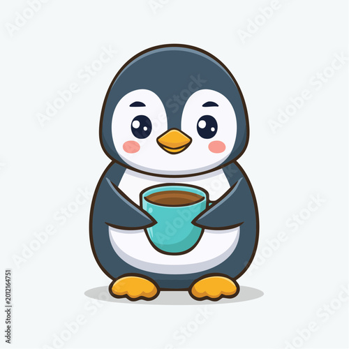 Adorable cartoon baby penguin holding a cup of hot coffee