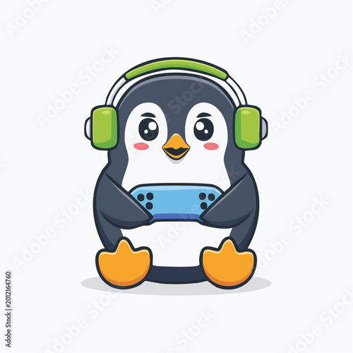 Adorable cartoon penguin gamer playing video games