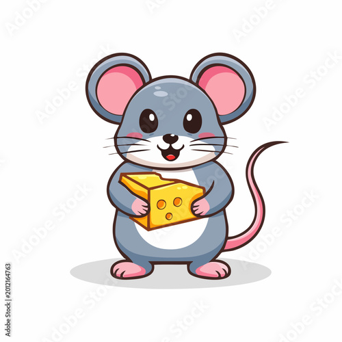 Adorable cartoon mouse holding a piece of yellow cheese