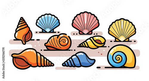Bild auf Leinwand Colorful seashells on a surface.