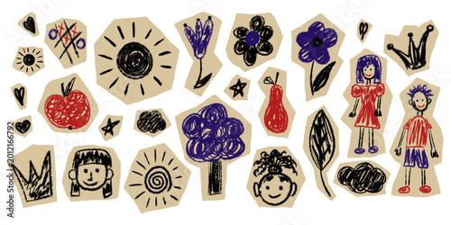 Hand Drawn Set of Kids Doodles and Crayon Drawings on Kraft Paper. Aesthetic Scrapbook Collection for Kindergarten and Nursery. Vector Zine Style Cutouts with Sun, Flowers, and Characters.