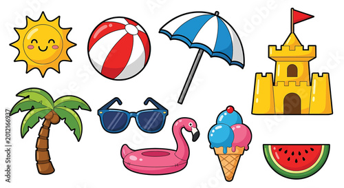 Colorful summer vacation icons set.