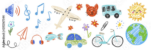 Hand Drawn Set of Educational Kids Doodles with Cat, Car and Music. Aesthetic Crayon and Chalk Collection for School and Nursery. Naive Childlike Vector Illustration on White Background.