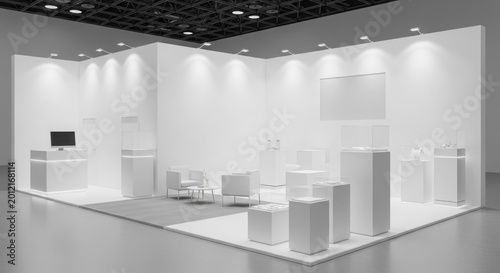 A modern, empty white exhibition booth with spotlights and display pedestals in a large convention hall, ready for a trade show.