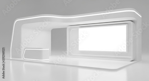 Modern minimalist white exhibition stand with a large blank screen and sleek design, ready for branding.