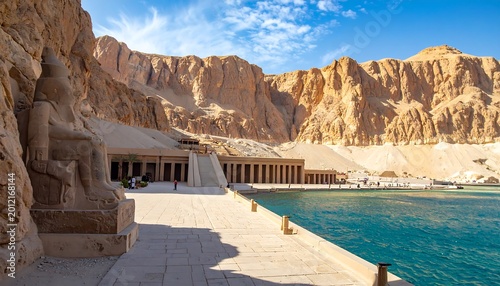 A scenic view of an ancient structure built into a mountain. Turquoise water mirrors the sky in the foreground