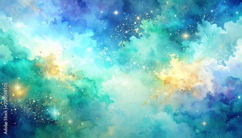 Abstract Watercolor Galaxy Background Blending Cosmic Blue Teal Green and Gold Stars Sparkle Fantasy