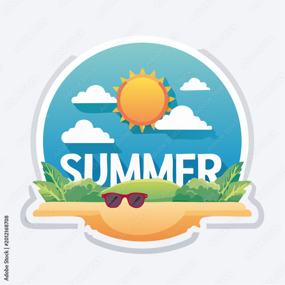 Fototapeta premium Summer Scene with Sun, Clouds, Sunglasses, and Greenery