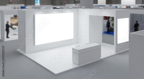 A modern, white exhibition booth with blank display screens at a trade show event.