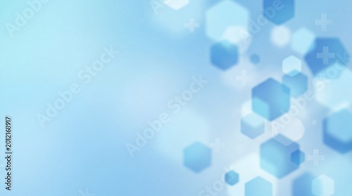 Abstract Healthcare Hexagons: A serene, abstract composition featuring a constellation of hexagonal shapes in shades of blue, set against a blurred background, evokes the concepts of science.