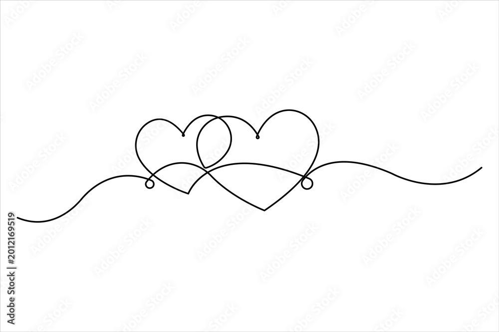 Fototapeta premium Single doodle heart continuous wavy one line art drawing of signs. Heart line art vector illustration