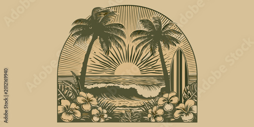 Tropical beach scene with palm trees and surfboards vintage illustration