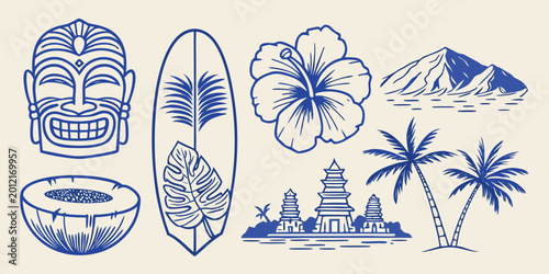 Quadro su tela tropical icons set including tiki mask surfboard and hibiscus flower