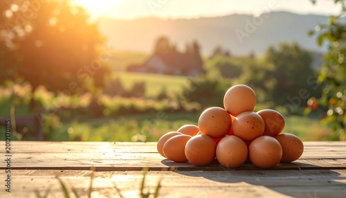 A pyramid of brown eggs sits on a rustic wooden table in the warm morning light, overlooking a rural landscape