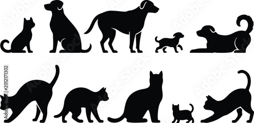 Photos Dog and cat silhouette vector set featuring various pet breeds in standing sitting and playing poses isolated on white