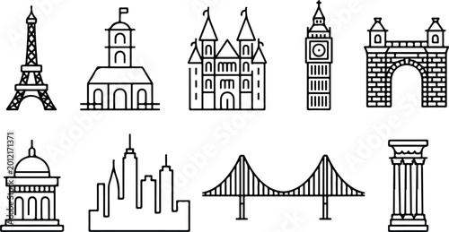 Φωτογραφία World landmark and city skyline icon set including Eiffel Tower bridge cathedral and architectural monuments in thin line vector