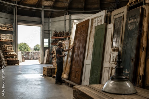 Industrial warehouse with man inspecting vintage doors and reclaimed architectural salvage
