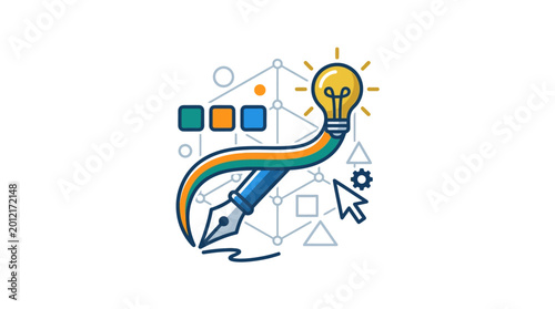 Photos Creative graphic design concept with pen nib and idea lightbulb illustration