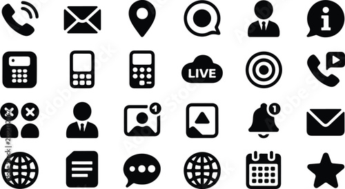 Contact us and communication icon set including telephone email location user profile chat message and social media web ui symbols.