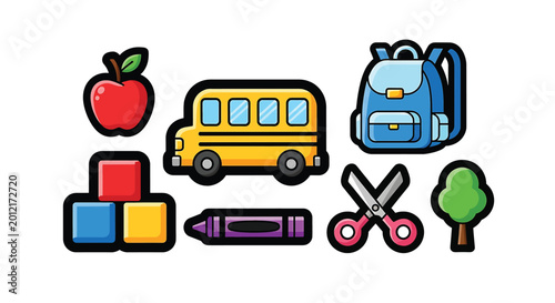 School objects and transportation icons.