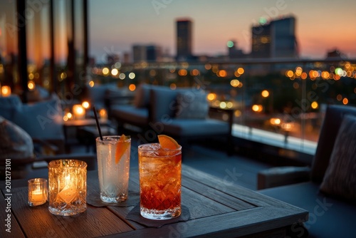 Evening drinks with city skyline view on rooftop terrace