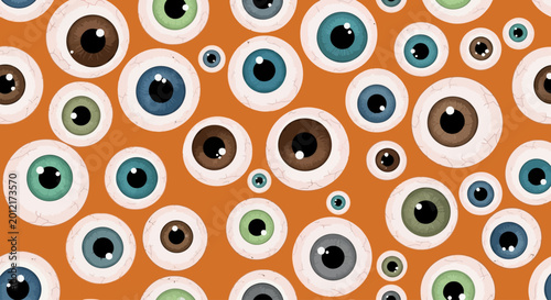 Obraz na plátne Halloween eyeball pattern, colorful eyes, vector illustration, orange background