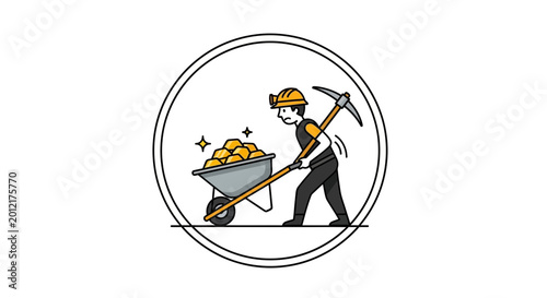 Miner Pushing Wheelbarrow Full of Gold Nuggets, Mining Concept