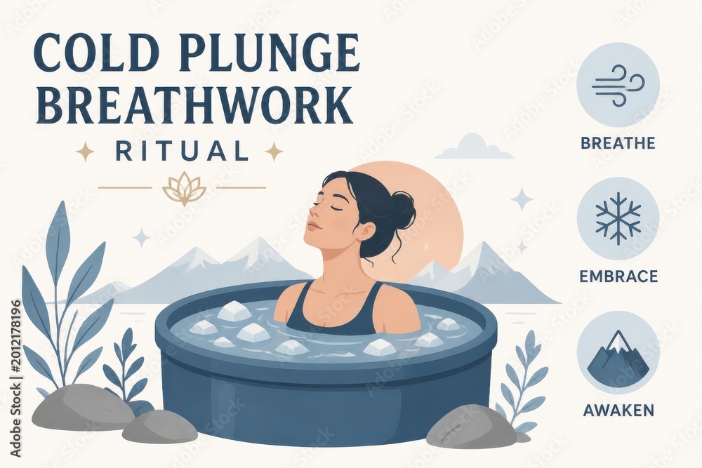 Obraz premium Cold plunge breathwork ritual with woman in ice bath and mountain wellness illustration