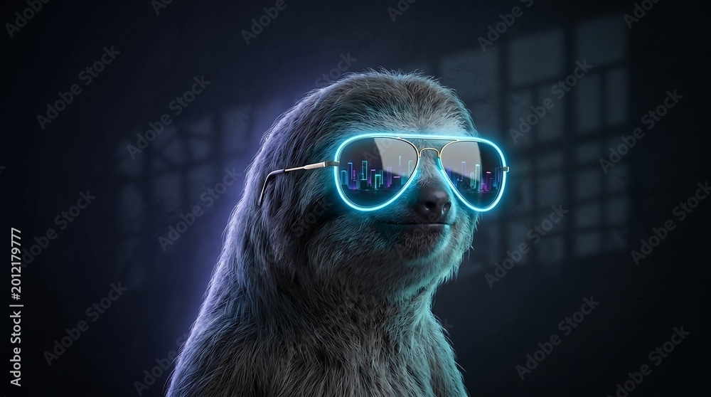 Fototapeta premium Cool sloth wearing neon aviator sunglasses with city reflection