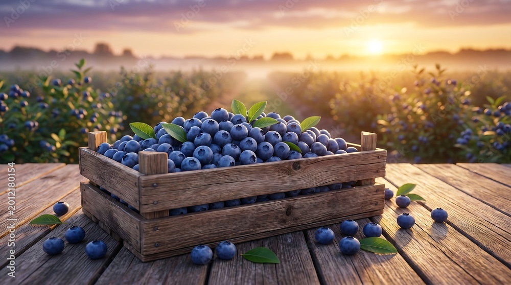 Fototapeta premium Fresh blueberries in wooden crate on table at sunset farm field