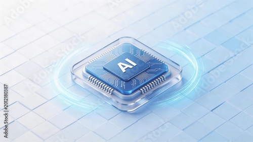 AI Chip with Circuitry and Glowing Rings on Blue Grid Background