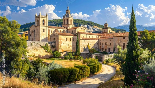 A scenic view of an old stone building with multiple bell towers under a blue, cloudy sky. Lush green trees frame a road