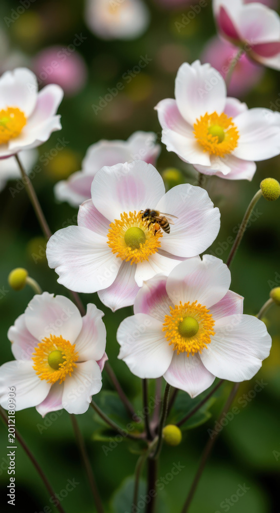 Obraz premium Japanese Anemone Delicate Pink Flowers Bee Pollinating Floral Beauty Blossom Close Up Soft Petals Springtime Bloom Garden Elegance Anemone Hupehensis