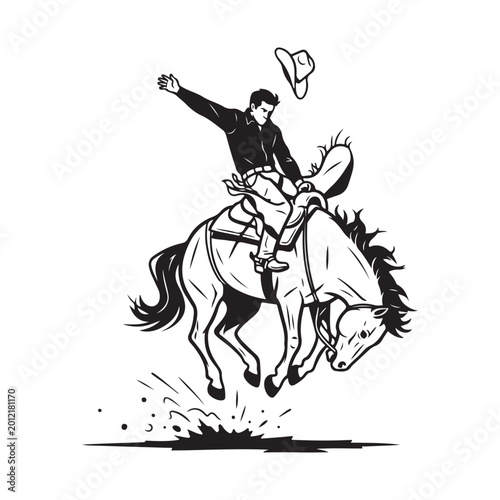 Man riding a bucking horse and throwing a cowboy hat in the air isolated on white background marimo ball
