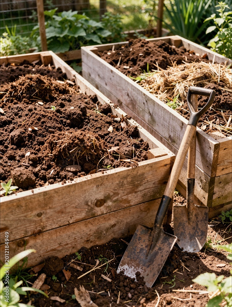 Fototapeta premium Wooden raised garden beds filled with organic compost and shovels for sustainable urban farming vegetable gardening and landscaping design