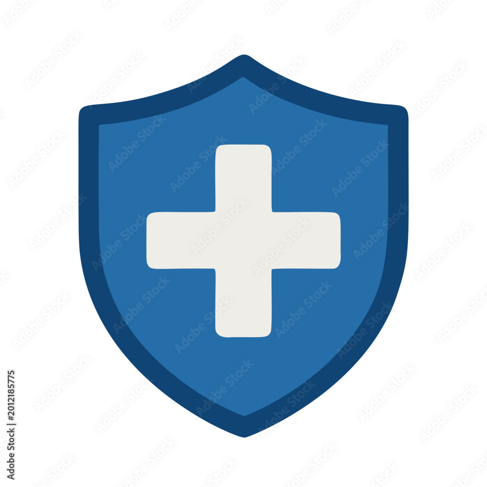Obraz premium Blue Shield with White Cross Symbol for Health and Security Concept