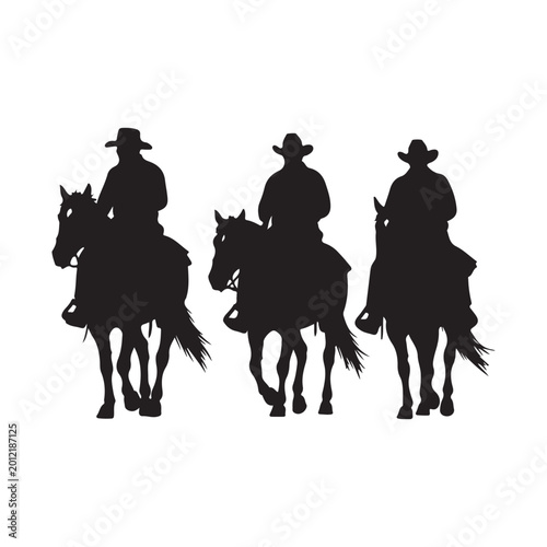 Silhouette of three cowboys riding horses isolated on white background