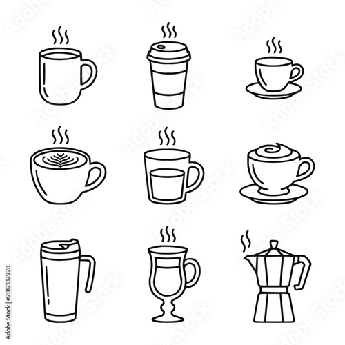 Professional coffee and barista equipment icons for cafe branding