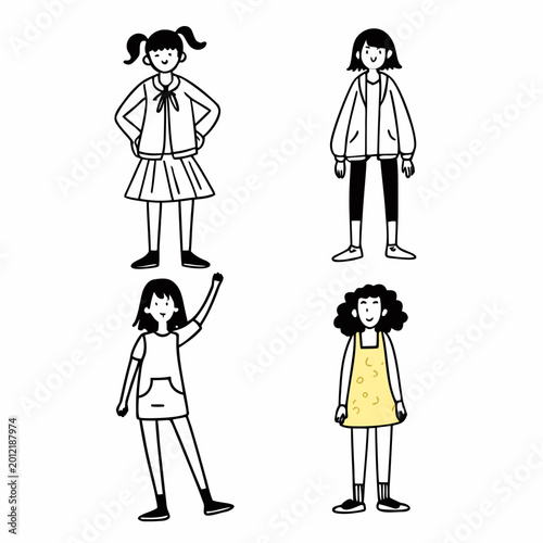 Vászonkép Cartoon girl character illustration showing four different outfits, hairstyles,