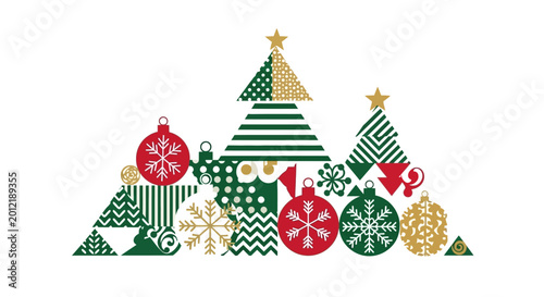Festive Christmas Tree Collage with Ornaments and Snowflakes - Green, Red, Gold