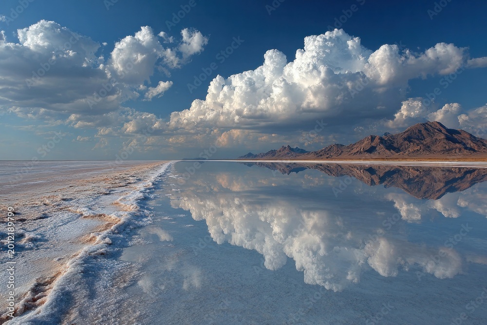 Naklejka premium Symmetrical Reflection of Clouds and Mountains Over Calm Water