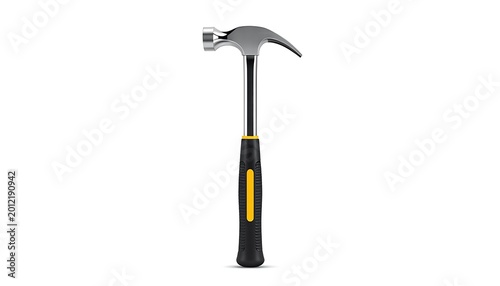 Photorealistic studio shot of a modern claw hammer standing vertically on a pure white background for DIY or construction concepts