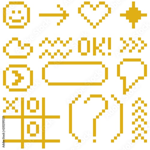 Set of golden yellow pixel art icons and symbols: Design for retro video game interfaces, nostalgic web design elements, and creative social media stickers. Vector. JPEG version.