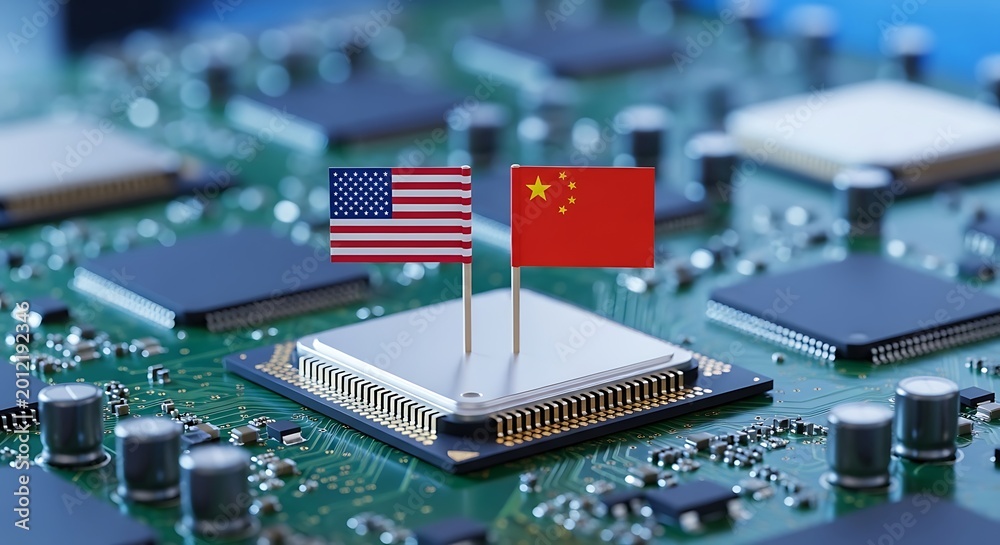 Fototapeta premium Semiconductor processor featuring miniature USA and Chinese flags positioned on a green circuit board with beautiful bokeh. Ideal for international commerce and tech policy editorial design.